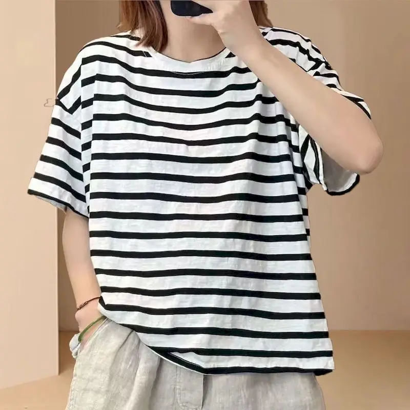Cotton T-shirts for Women Fashion Summer Fashion Stripe Round Neck T Shirt Casual Loose Short Sleeve Tops Oversized Thin Tshirt