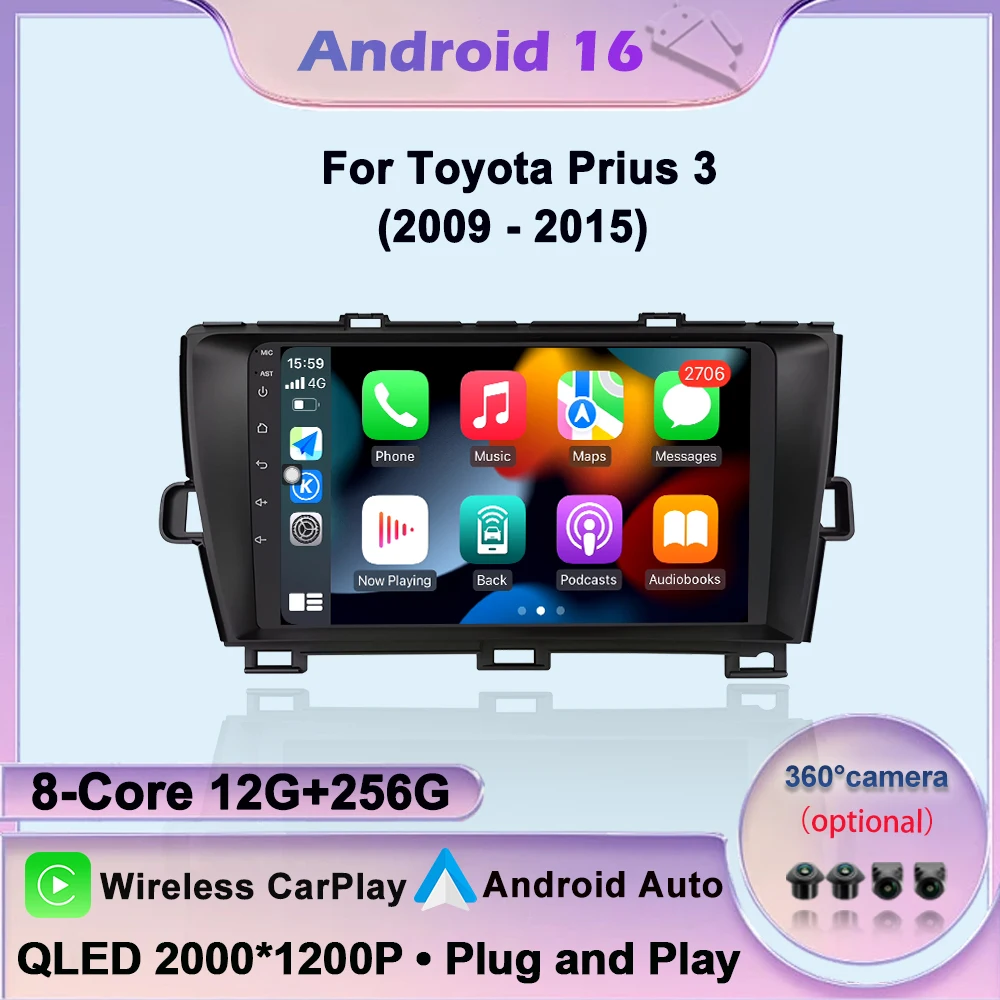 Android 16 Bluetooth For Toyota Prius 3 2009-2015 Car Radio Lntelligent Multimedia Player Auto Wireless CarPlay WIFI 4G DSP GPS
