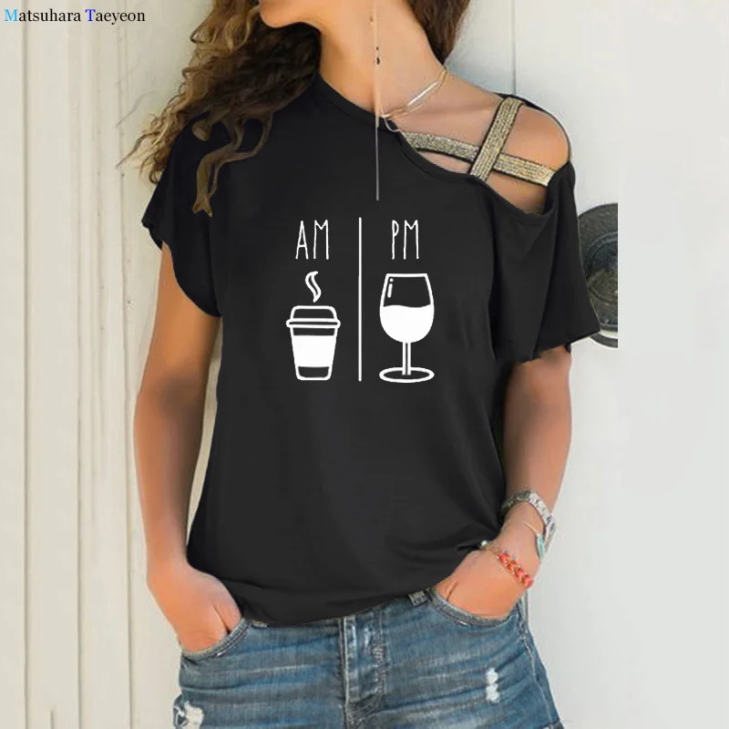 AM Coffee PM Wine Letter Print T Shirt Women Short Sleeve Tshirt Summer Woman Tee Shirt Tops Camisetas Mujer For Lady Oversized