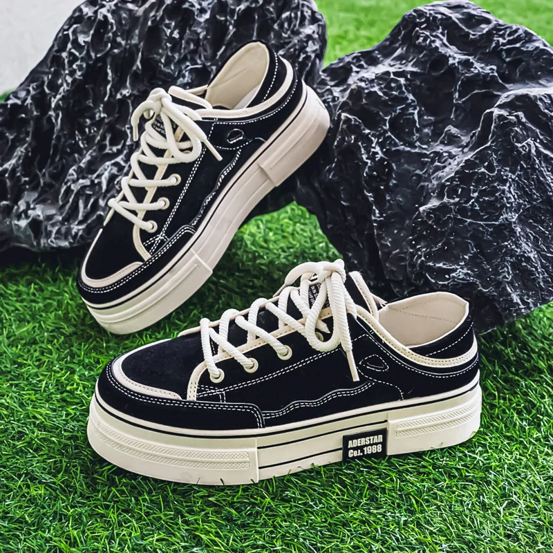 2025 Spring New Thick Soled Height Increasing Men's Canvas Casual Fashion Trend Flat Shoes Comfortable Non slip Lace-up Sneakers - Image 4