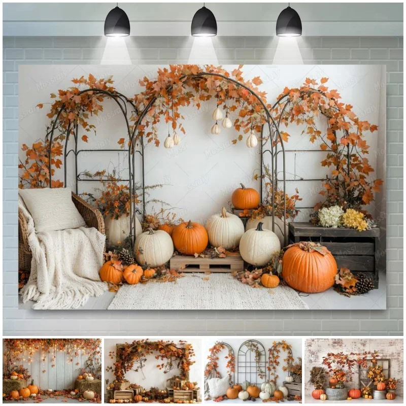 Autumn Backdrop Pumpkins Maple Leaves Baby Kids Portrait Photographic Happy Birthday Party Decorations Background Photo Studi
