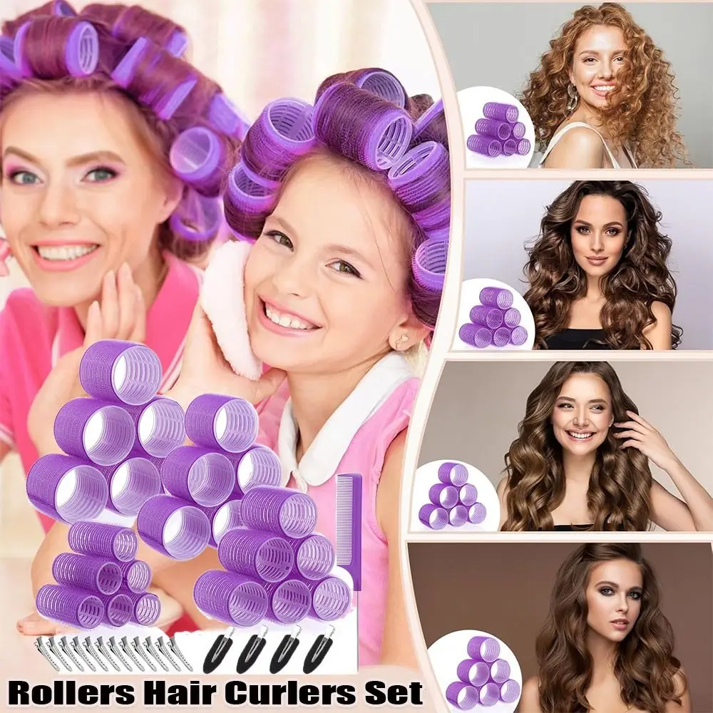 46/48 Pcs Set 4 Sizes Rollers Hair Curlers Set 25mm 36mm 45mm 60mm Plastic Jumbo Hair Rollers Purple Black with Clips Curlers