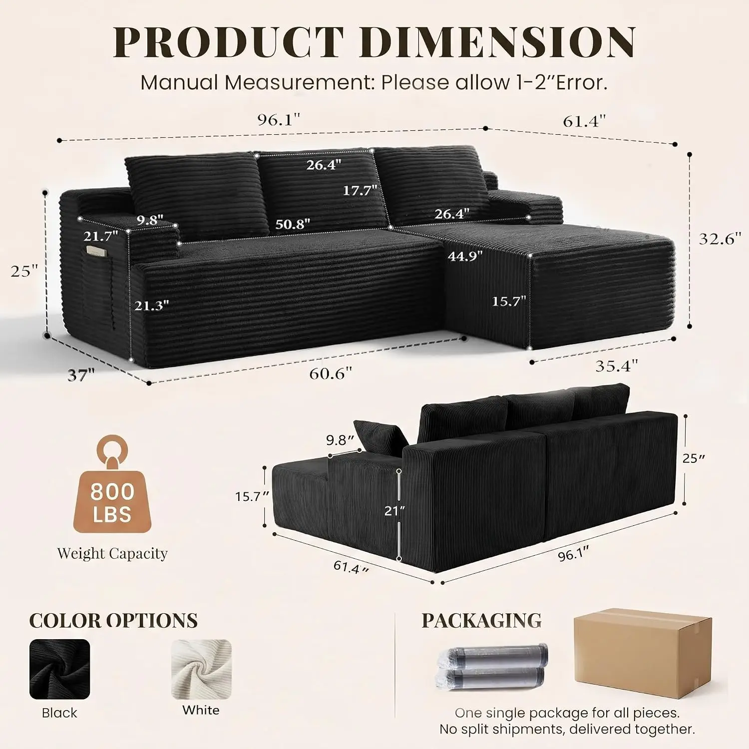 96” Modular Sectional Sofa, Modular L Shaped Couch with Deep Seat Oversized Right Facing Chaise, Memory Foam, Customized
