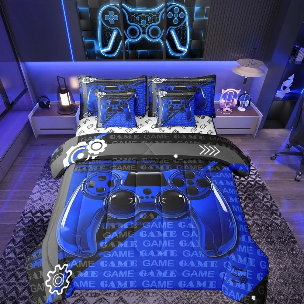 

7-Piece Queen Gaming Bedding Set: Controller Theme with Blue & Black Comforter, Sheets, Pillowcases