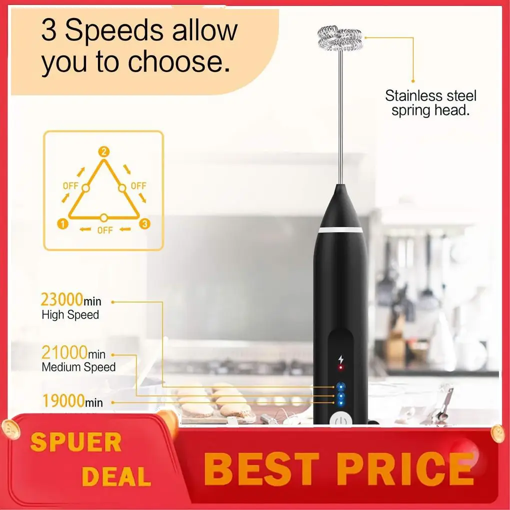 USB Rechargeable Electric Egg Drink Whisk Handheld Mixer 3-Speeds Blender Beaters Household Kitchen Coffee Cream