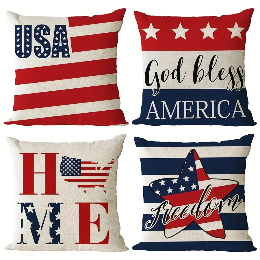 American Patriotic USA Flag Pillow Cases Set Home Decor Accent Bed Throw Pillow Cover 45x45cm Quad Pack for Gifts