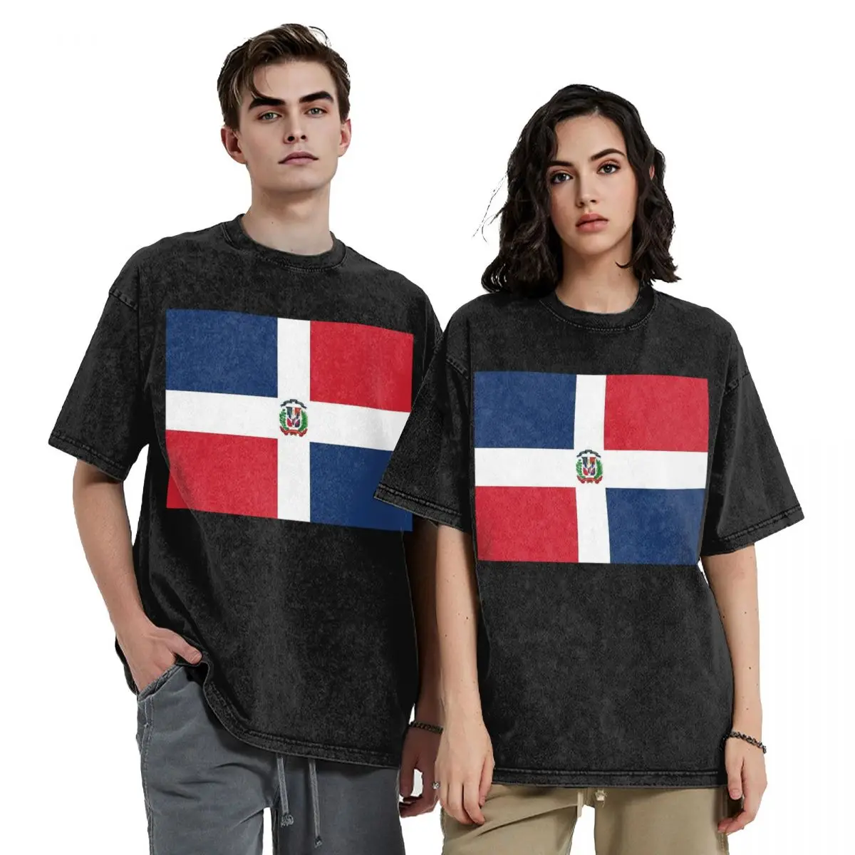 

Flag Of The Dominican Republic Hip Hop Short Sleeve T-Shirts Washed Tops Tees Streetwear T Shirt Harajuku for Men Women