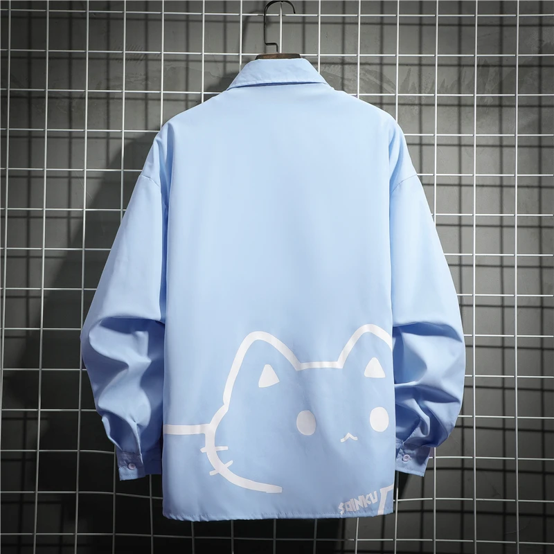 2025 Summer and Autumn New Japanese Style Trendy Cartoon Blue Pink Long Sleeve Shirt Men's Loose White Short Sleeve Casual Shirt