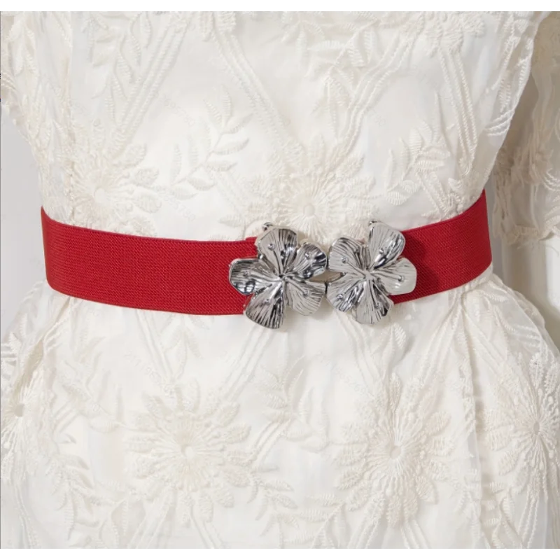 Women's three-dimensional silver five-petal flower button-fastening elastic waistband – versatile, waist-cinching and slimming