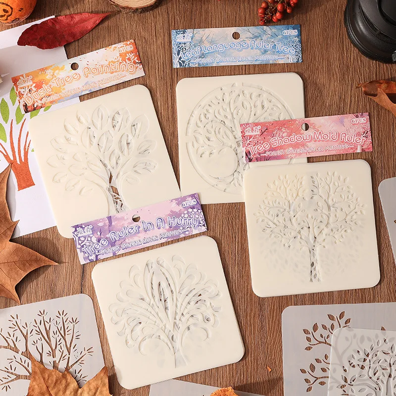 6pcs Tree PVC DIY Template Graffiti Painting Hollow Out Decorative Stencils Embossing Picture Book Decoration School Stationery