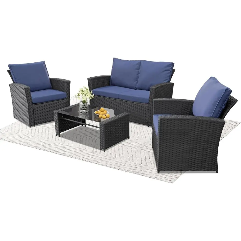 

4-Piece Outdoor Wicker Sectional Sofa Set with Cushions and Coffee Table for Patio, Garden, or Balcony - Black/Blue
