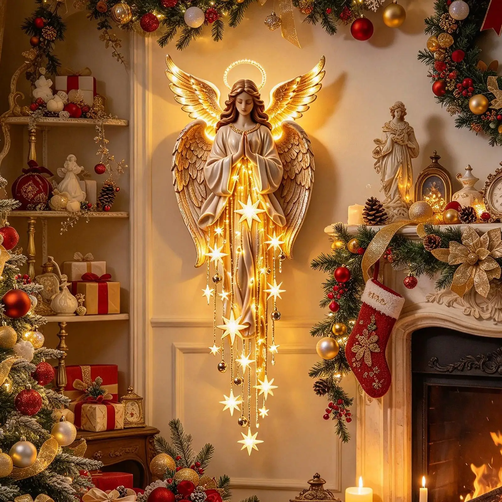 Light Up Wall Art Christmas Angel Figure Holiday Sconces Light Up Wall Decor for Room Bedroom Living Indoor Outdoor Home Window