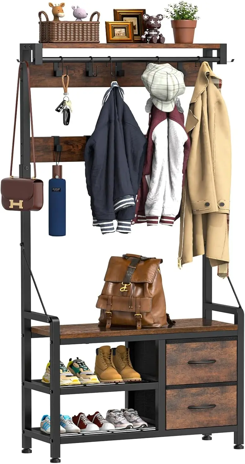 Hall Tree, 31.5” Entryway Bench with Coat Rack freestanding, 5 in 1 Intelligent Design Shoe Bench and Wall Rack 17 Hooks