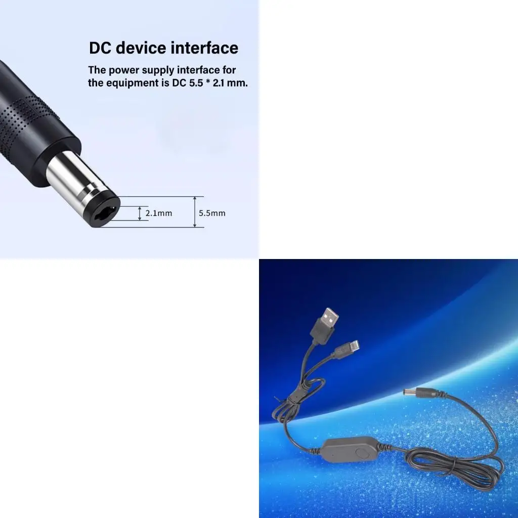 1.6m Long 5V To 12V Charging Cable 2-Port Input For LED Light Fan Black