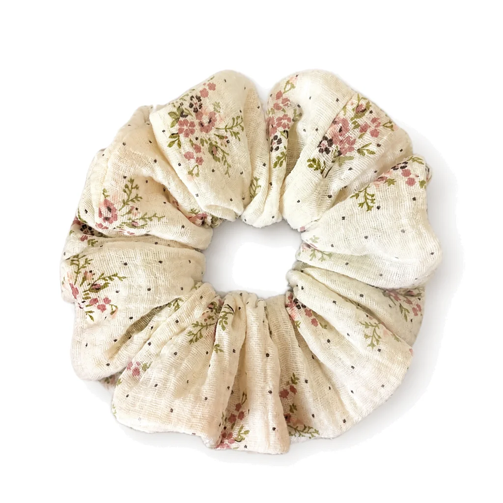 spring-blush-bouquet-double-gauze-single-layer-scrunchie-handmade-elastic-hair-tie-for-ponytail-and-bun
