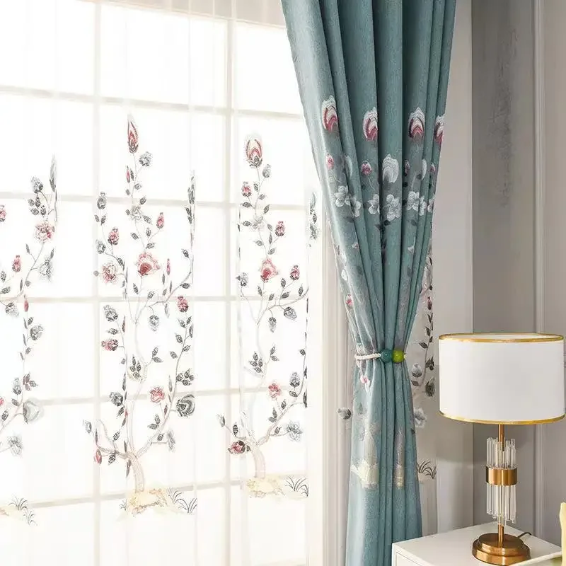 Luxury Embroidered Curtain for Living Room Tulle Curtain Bedroom Chinese Money Tree Curtain High Shading Cotton Line Home Custom