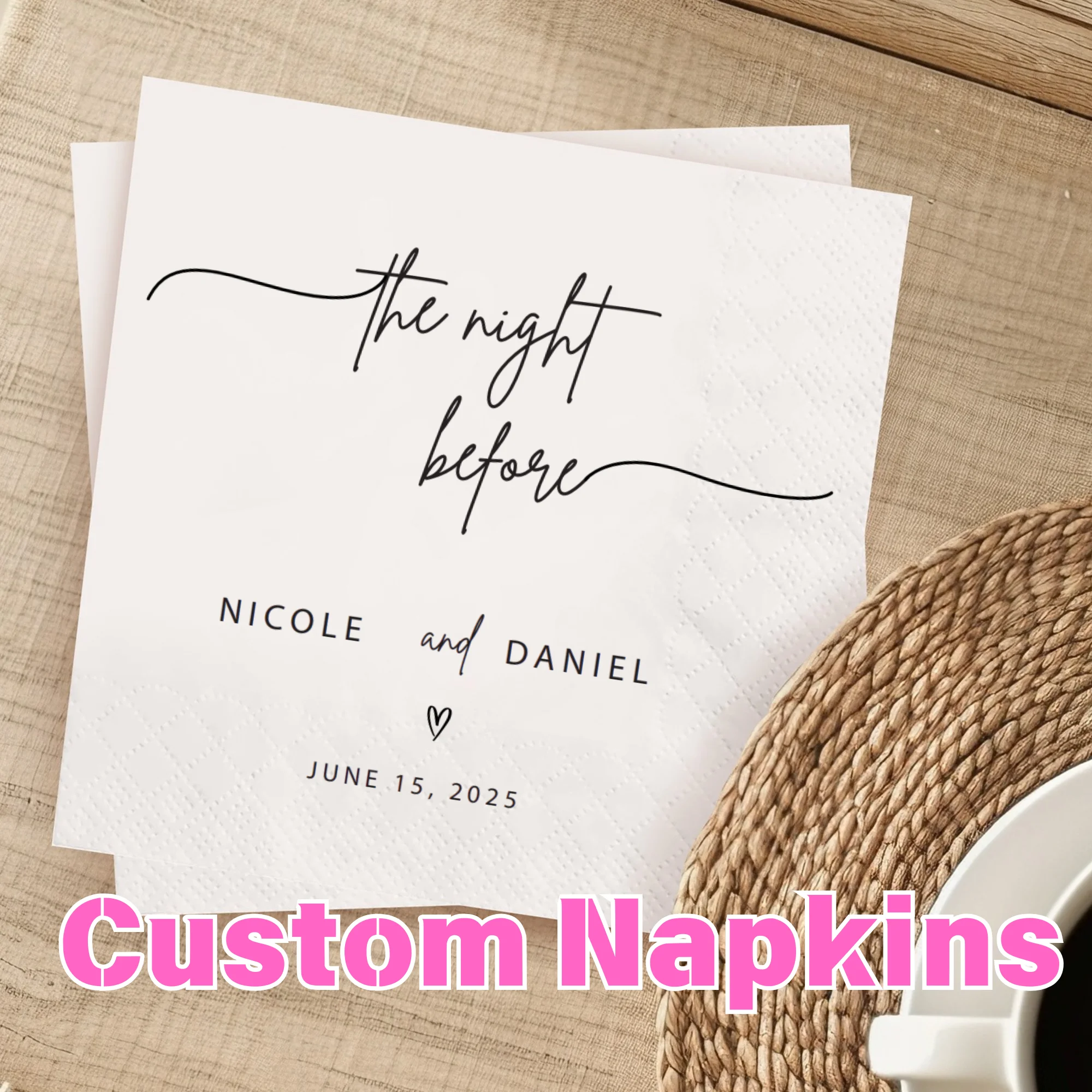 Personalisierte Hochzeits-Papierservietten, 20–500 Stück, individuelle Monogramm-bedruckte Servietten für Hochzeit, Cocktailparty, Jahrestag, Dekoration – Detail 1