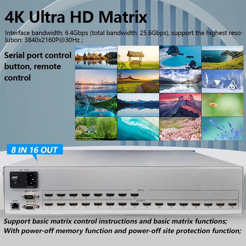 Interruptor matricial para HDMI, 8x16, 4K, 30Hz, HDCP2.1, divisor de estante Profesional, 8 en 16, con HDMI, Audio y vídeo