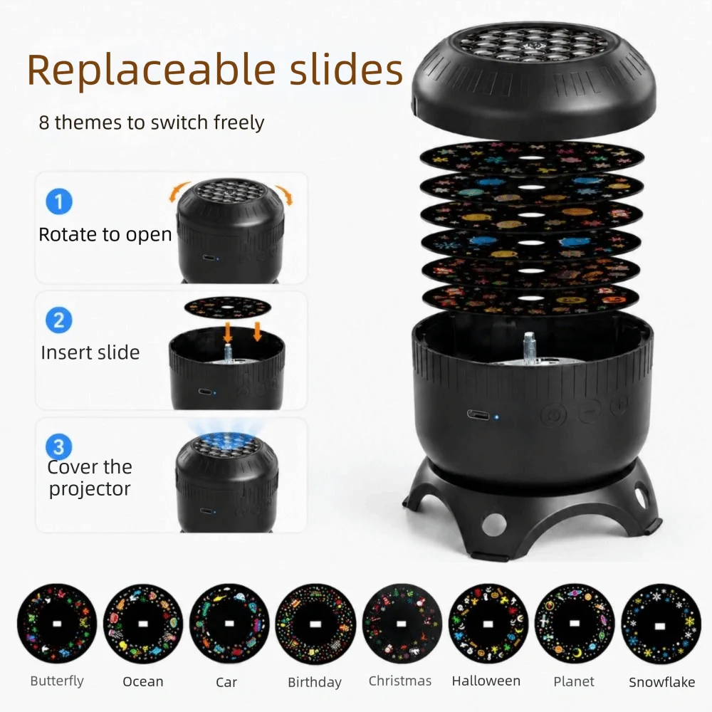 8 Patterns Starry Ocean Projection Night Light Dynamic Projector with Adjustable Speed Festival Ambient Light Christmas