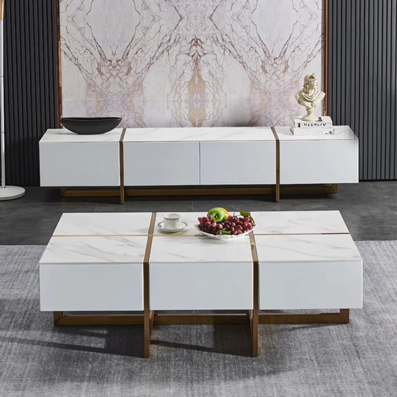 Light luxury style high-end coffee table simple spot hotel living room modern stainless steel feet high-end white slate coffee