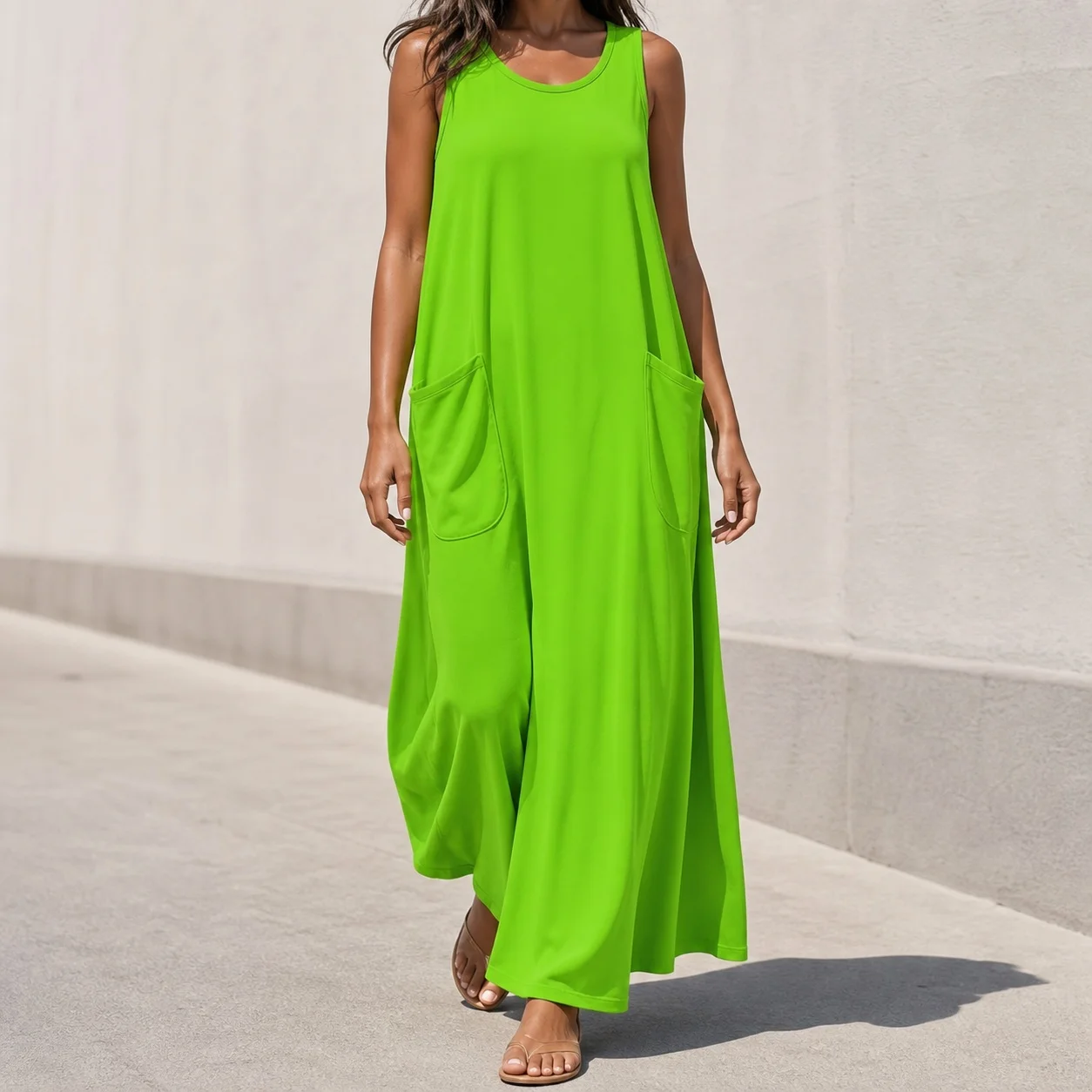 Women's Summer Dress Sleeveless Loose Fit U Neck Solid Color Pullover Cotton Knee Length Relaxed Waist Dress for Women Casual