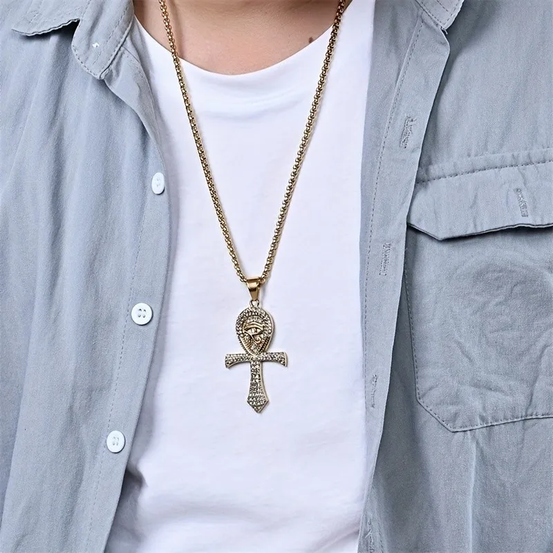 Fashionable Ancient Egypt Eye of Horus Cross Necklace Pendant Hip Hop Inlaid Zircon Fashion Jewelry Exquisite Personality Matchi