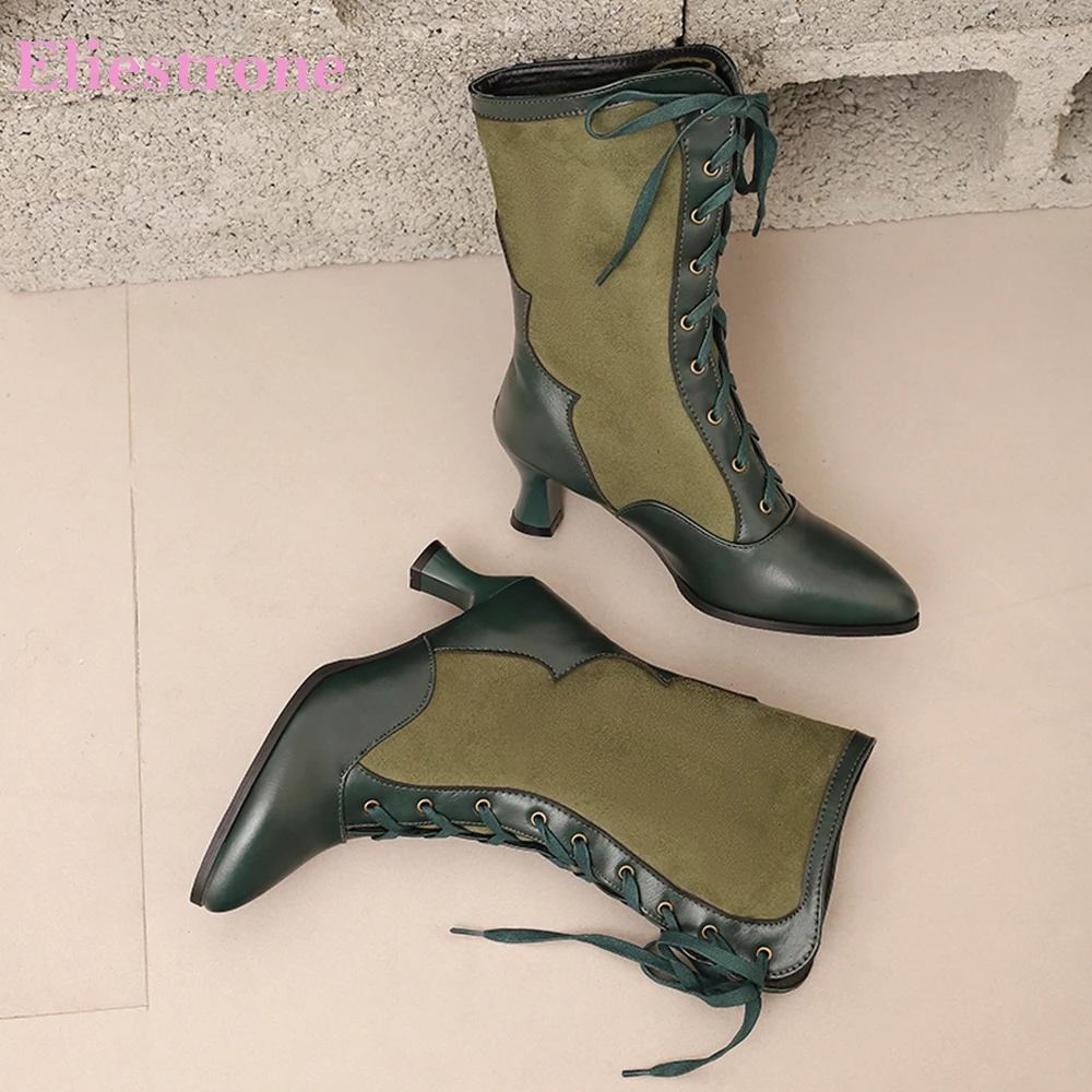 

2025 Новые зимние женские ботинки до середины икры для взрослых, зеленые, коричневые, на шнуровке, на высоком каблуке, офисная женская официальная обувь, большие размеры 12, 43 45, 48