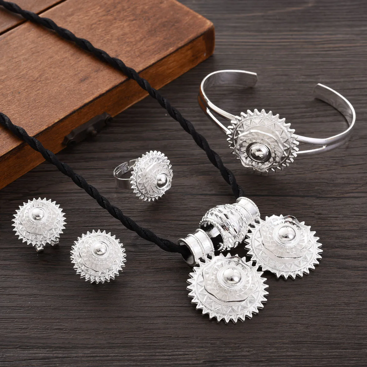 Ethiopian Silver Color Jewelry sets Exquisite Pendant Earrings Bangle Ring African Eritrean Wedding Romantic Gifts