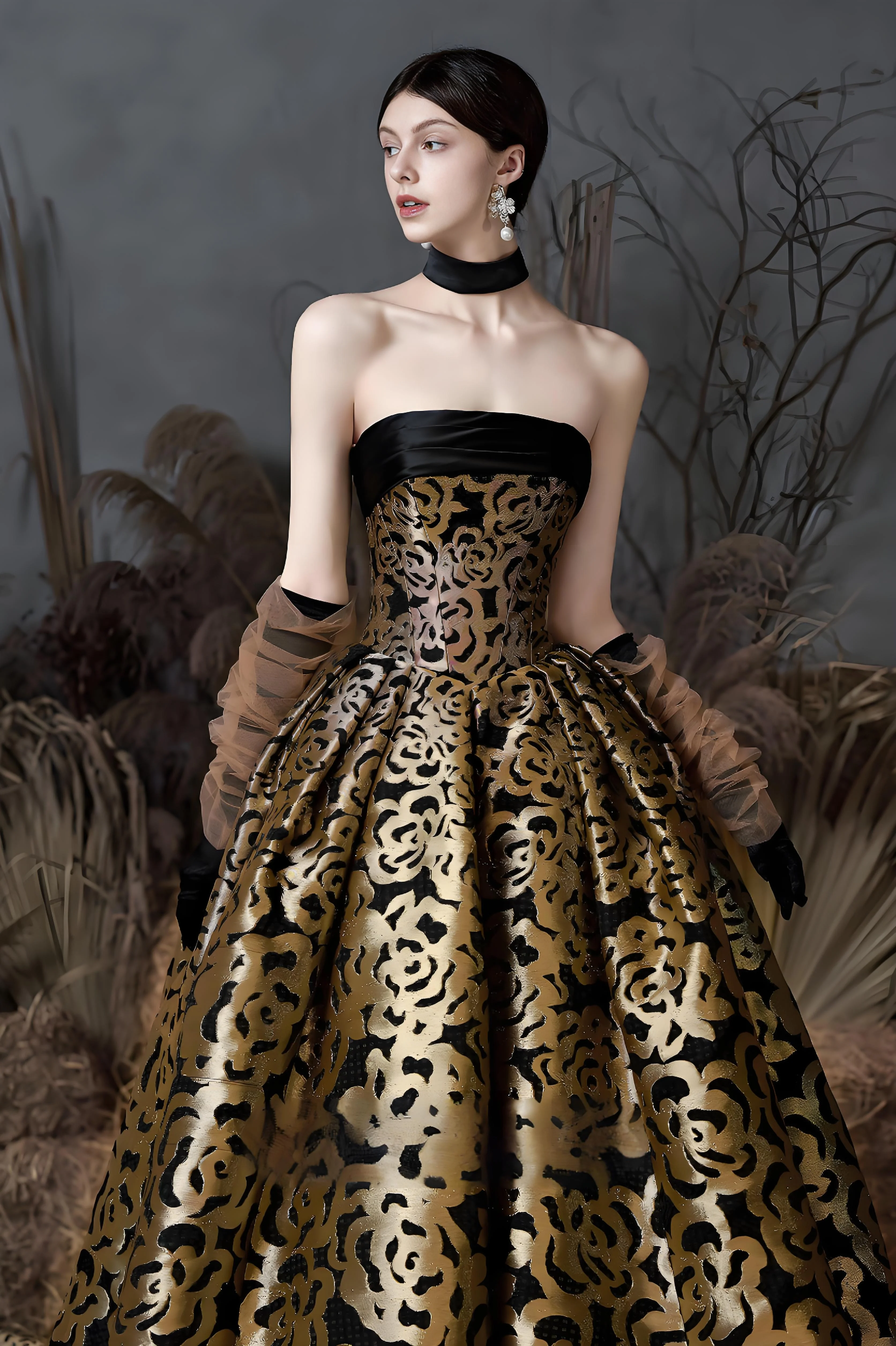 

Black Gold Rose Jacquard Bustier Long Dress with Flared Hem, a Luxury Ball Gown in Palace Style