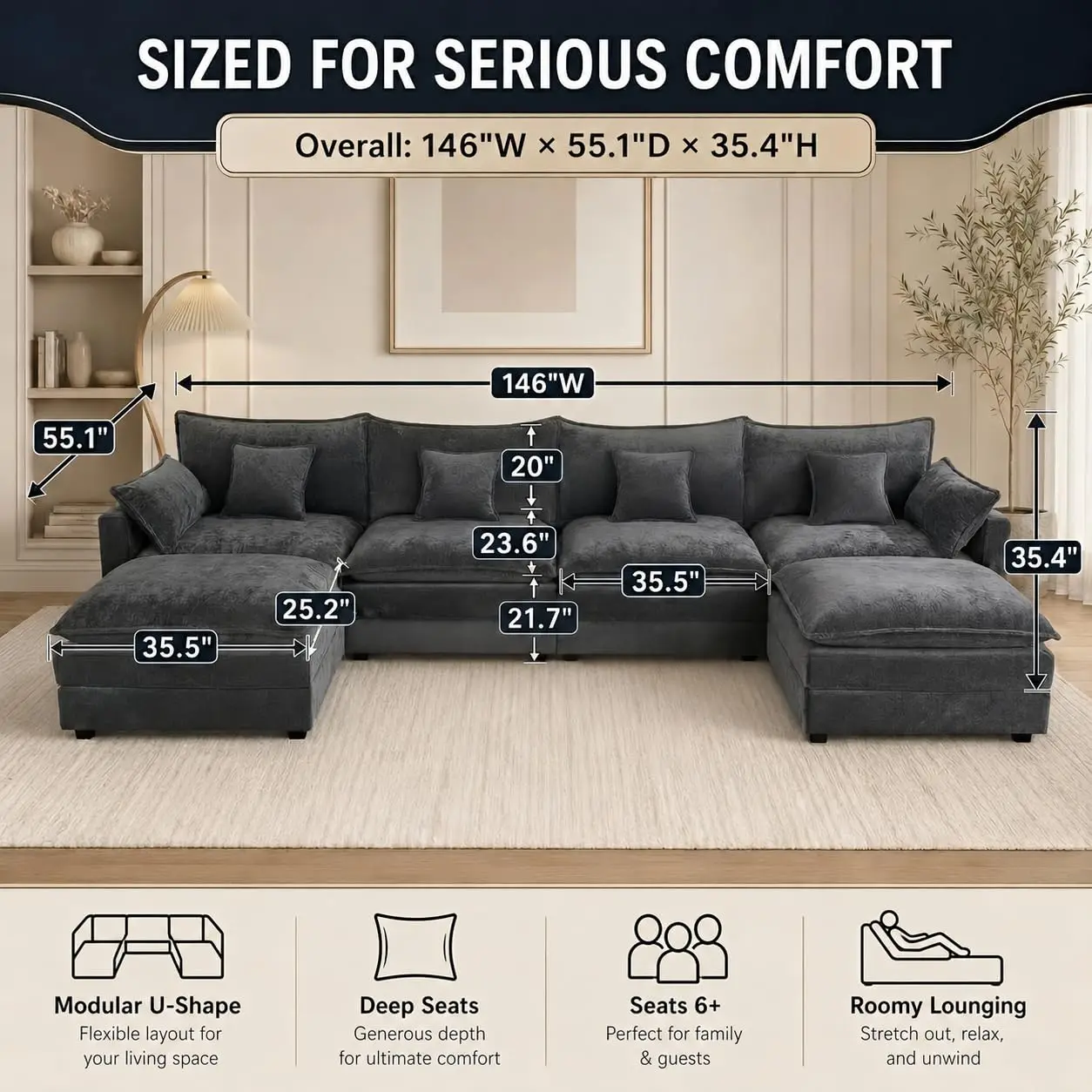 U Shaped Modular Sectional Sofa, 6-Seat Chenille Deep Seat with Ottomans & Pillows, Modern for Living Room, Customized