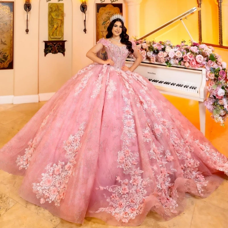 

Pink Shiny Ball Gown Quinceanera Dresses Off The Shoulder Applique Flower Beading Tull Party Birthday Sweet 16 Dress Vestidos 15