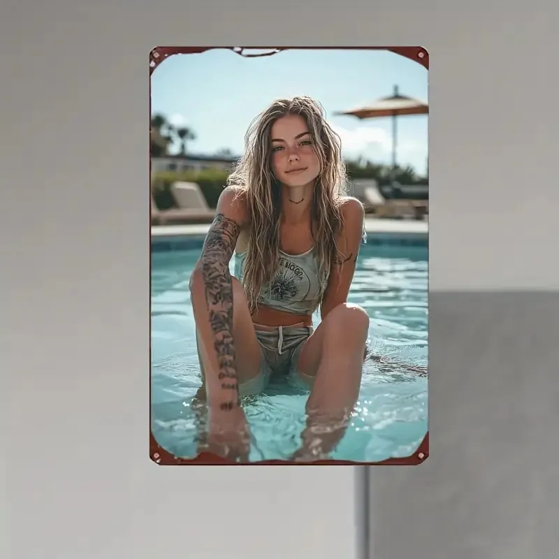 Vintage Edgy Tattooed Woman Metal Tin Sign - Retro Cool Girl with Long Wavy Blonde Hair & Full Arm Tattoos in Gray Graphic Tank