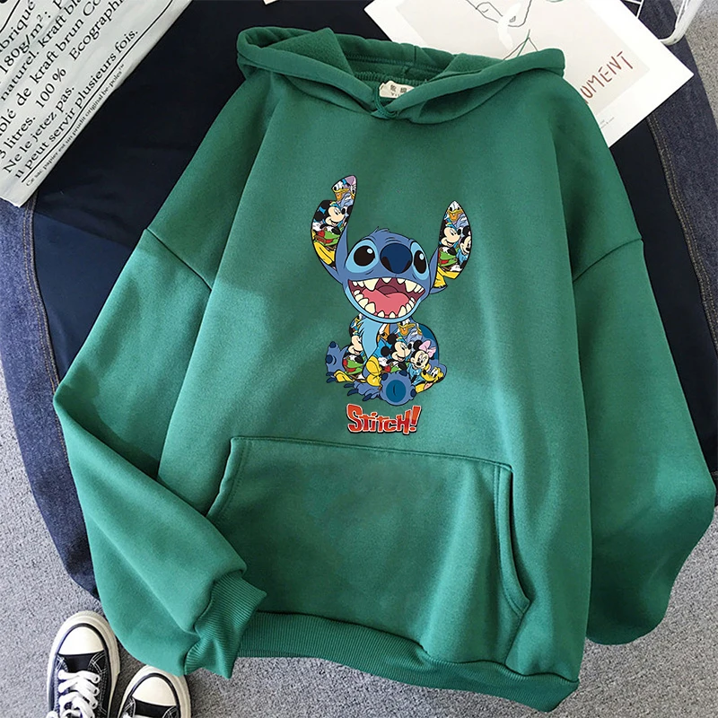 Streetwear Cartoon Winter Disney Stitch Hoodies Women Harajuku Cute Anime Sweatshirt Manga Streetwear Hoody Female Unisex