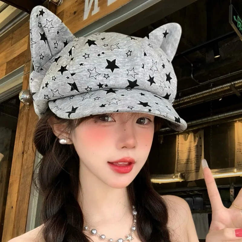 Frühlings- und Herbst-Sternen-Jacquard-Katzenohren-Achteckige Newsboy-Mütze für Damen, Koreanische Süße und Niedliche Baskenmütze, Weiche Krempe, Malermütze für Große Köpfe – Detail 1