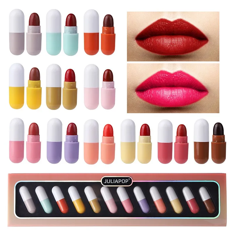 12color/Set Cute Mini Capsule Lipstick Long Lasting Waterproof Non-stick Cup Lipstick Matte Velvet Pill Lipstick Set Makeup Tool