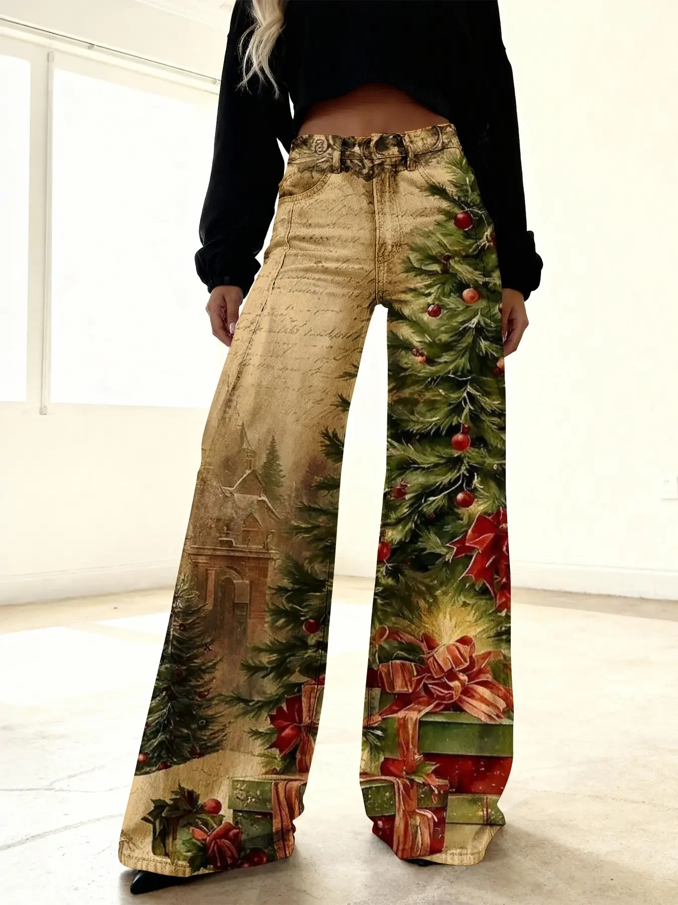 

Christmas ladies' new printed retro jeans, imitation denim fabric, casual and Super atmospheric Christmas tree pants