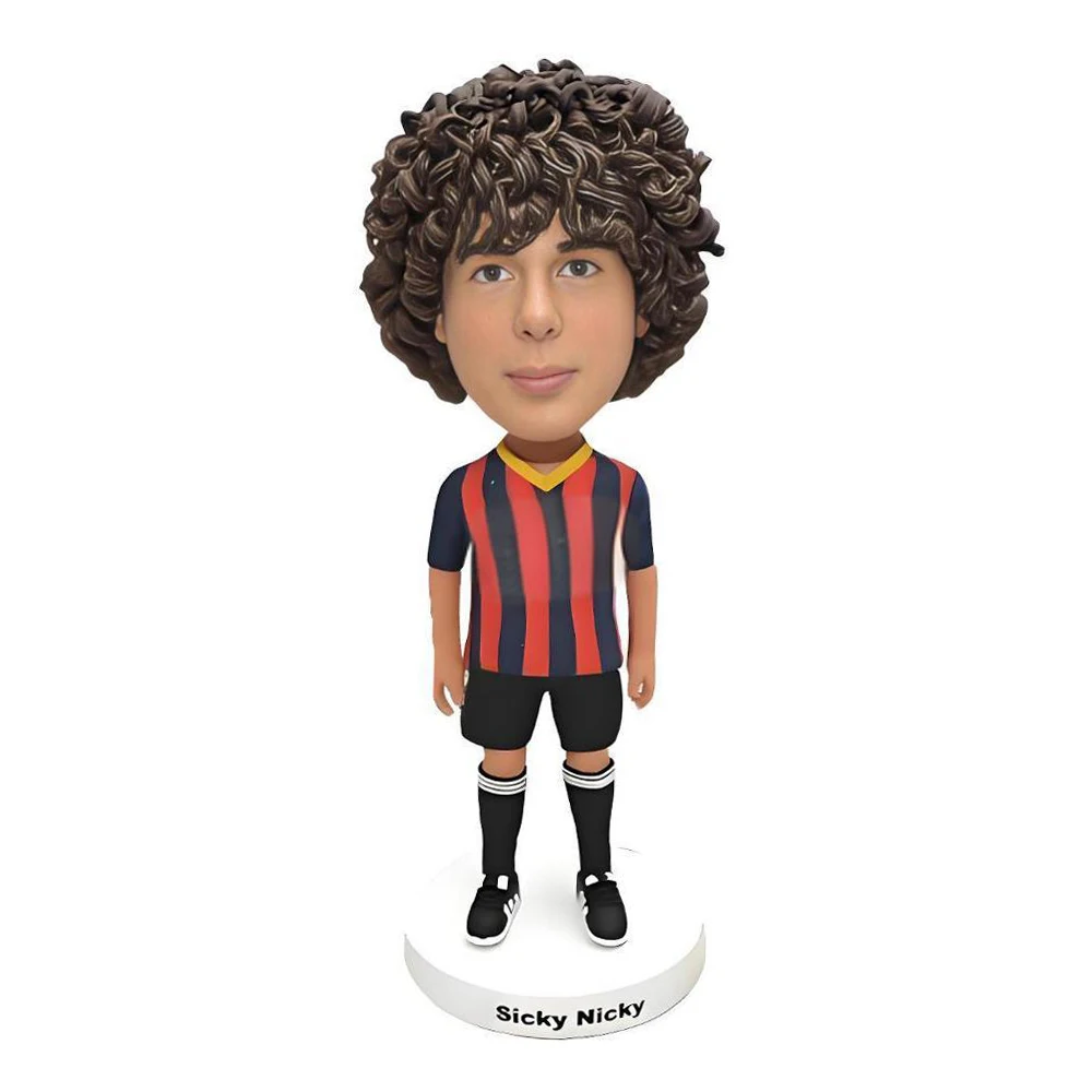 

Custom Personalized Bobblehead Figurine, Sports Design with Red and Navy Striped Jersey, Based on Your Photo