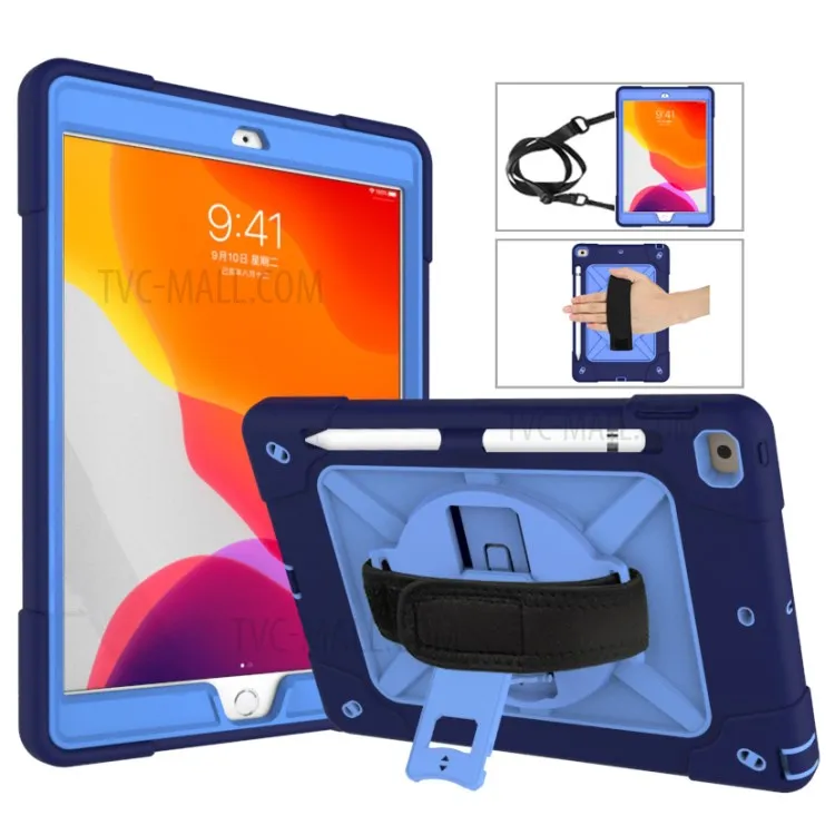 

360° Swivel Handy Strap PC Silicone Kickstand Tablet Case with Shoulder Strap for iPad 10.2 (2021)/(2020)/(2019) - Blue