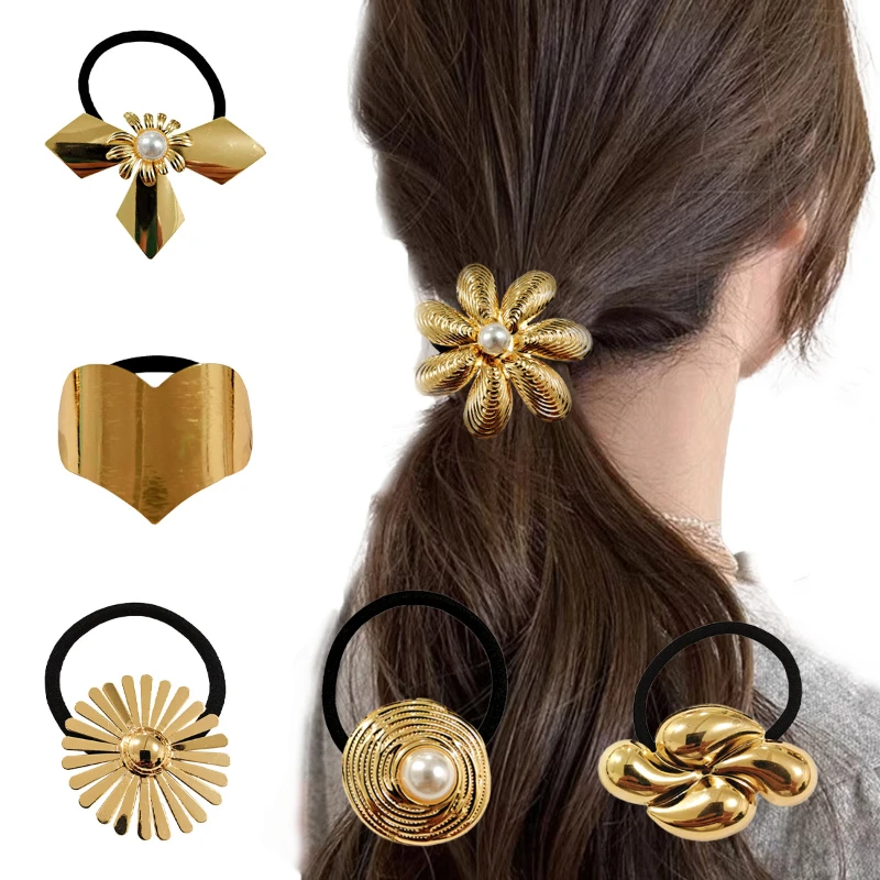 

European and American Braided Hair Simple Flower Rubber Band Bow Metal Headband Sweet and Elastic Headband Accessory