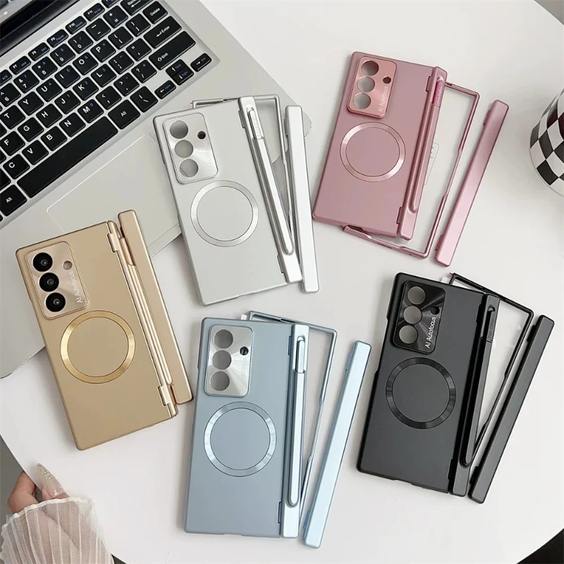 For Magsafe Case With Hinge Protection For Samsung Galaxy Z Fold 6 7 8 Electroplated Phone Cover With Screen Protector Antishock