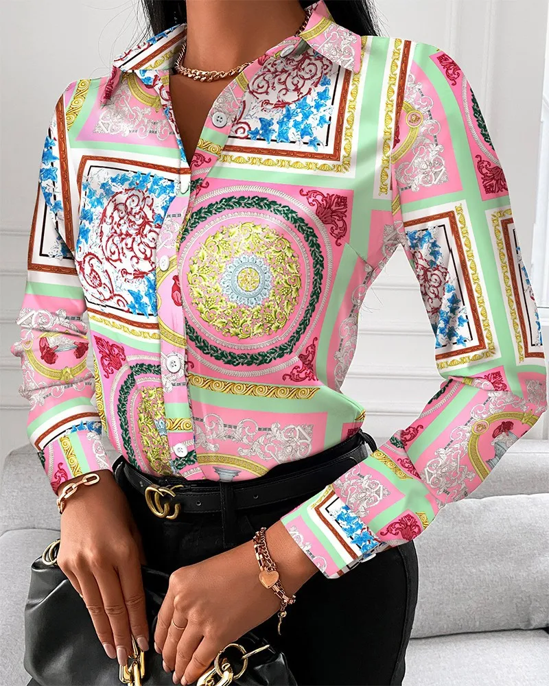 Casual Summer Geometric Printed Shirt Turn-down Collar Long Sleeve Single Breasted Shirt Temperament Fashion Office Women\'s Top