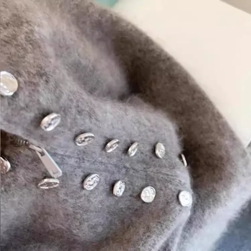 เสื้อแจ็คเก็ตสเวตเตอร์คอปกยืนกระดุมสองแถวสำหรับงานหนักสีเทาสำหรับผู้หญิง, เสื้อสเวตเตอร์ถักซิปหนาฤดูใบไม้ร่วงและฤดูหนาว