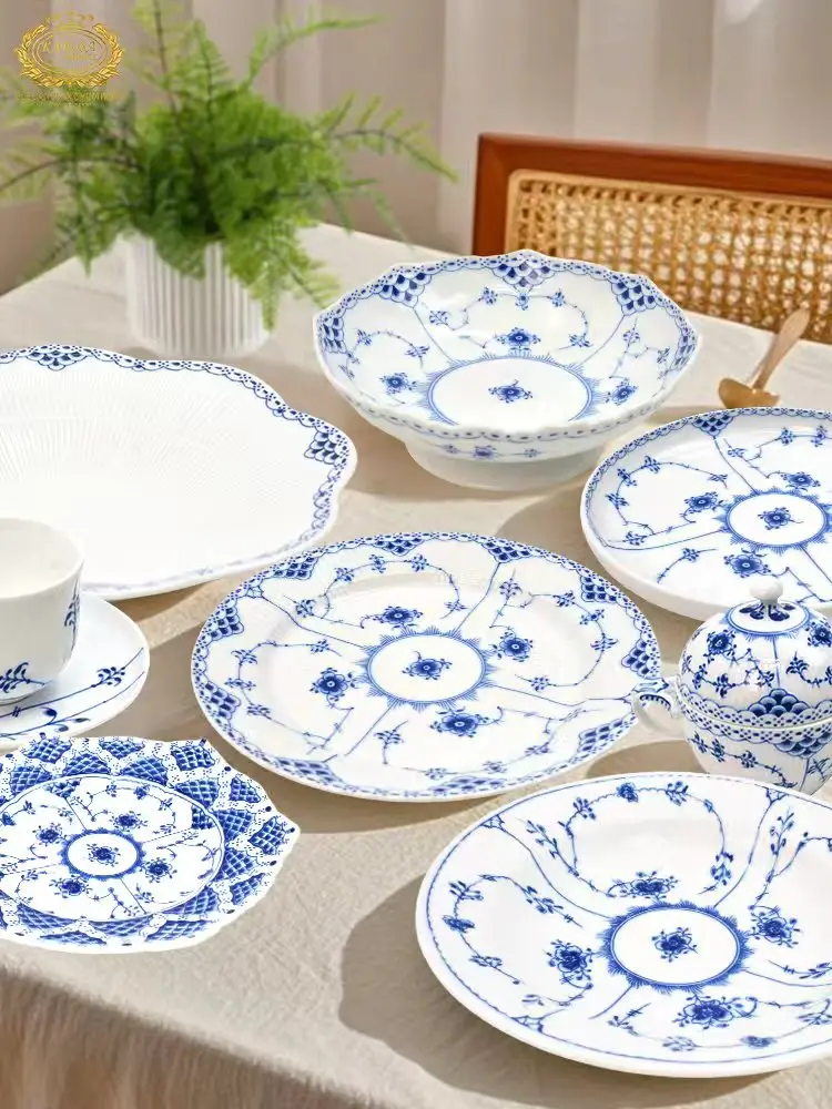 Jingdezhen White Jade Porcelain Blue And White Tang Grass Pattern Home Use Flat Plate Rice Bowl Dish Plate Lace  Soup Bow...