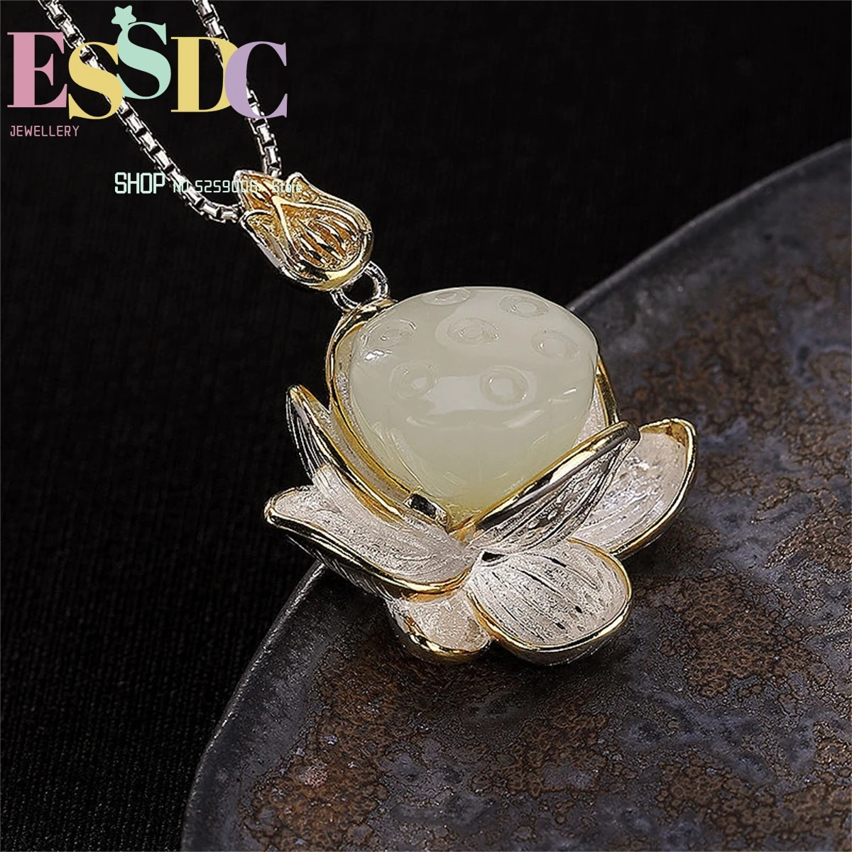 S925 Sterling Silver Inlaid Natural Hetian Jade Lotus  Necklace Ladies Clavicle Chain Pendant Wholesale Fashion Charm Exquisite