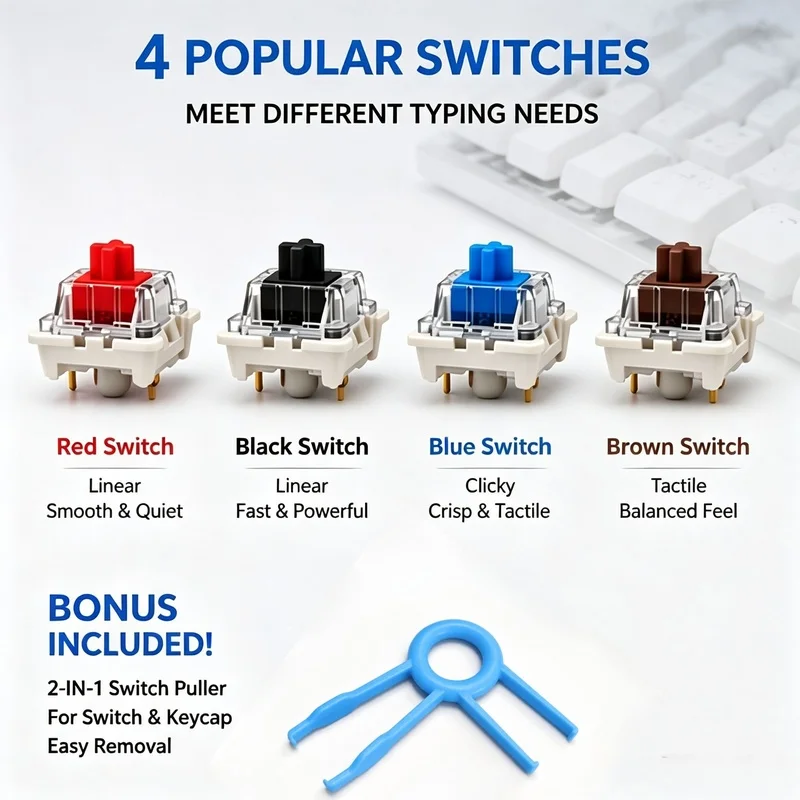 Mechanical Keyboard Switches 104Pcs Blue Switch Hot-Swap Linear Tactile Clicky Switch DIY Keyboard for Gaming Typing Free Puller