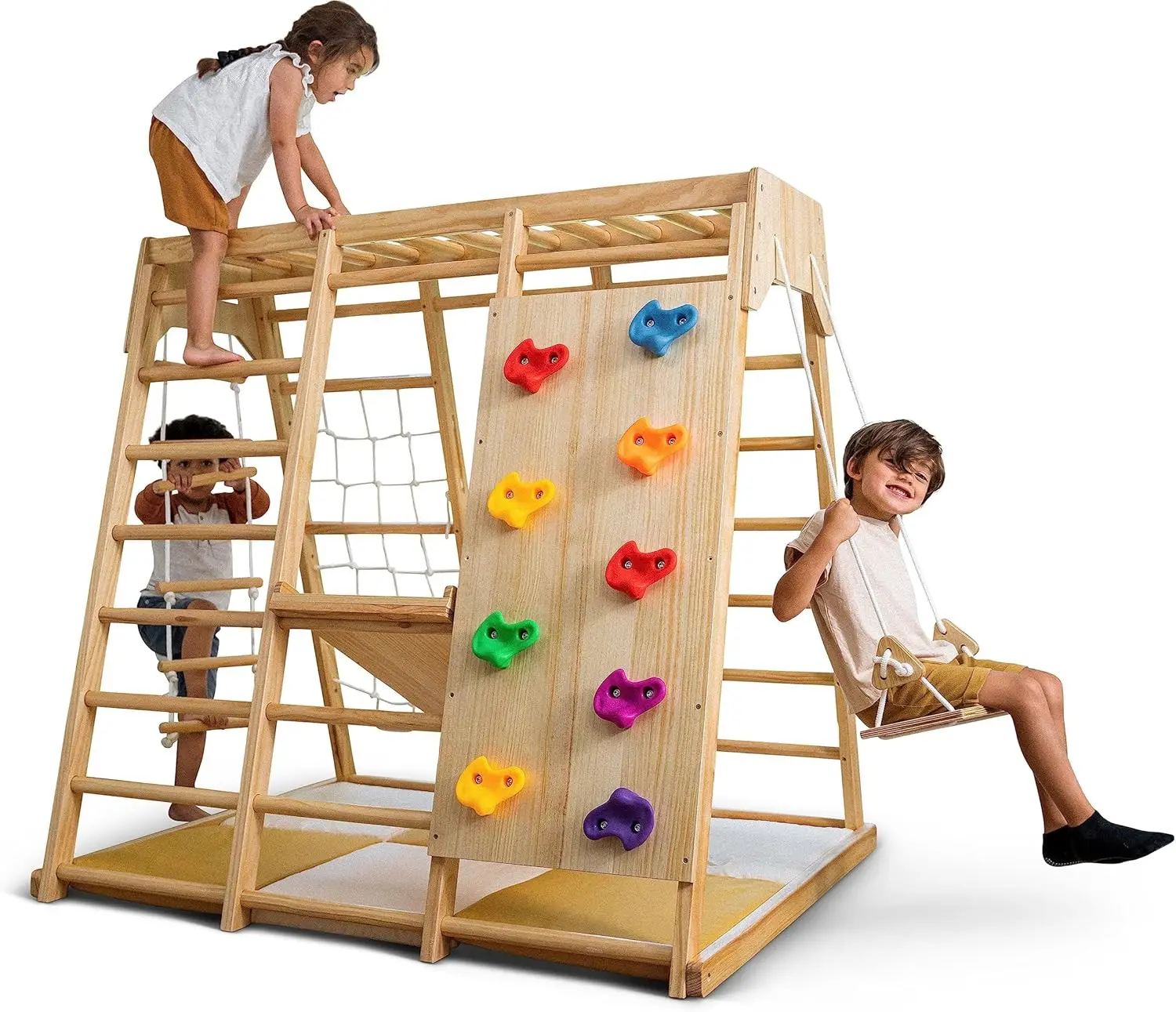 ملعب داخلي 6 في 1 لعبة Jungle Gym Montessori Waldorf Style Wooden Climber Playset Slide، جدار تسلق الصخور،