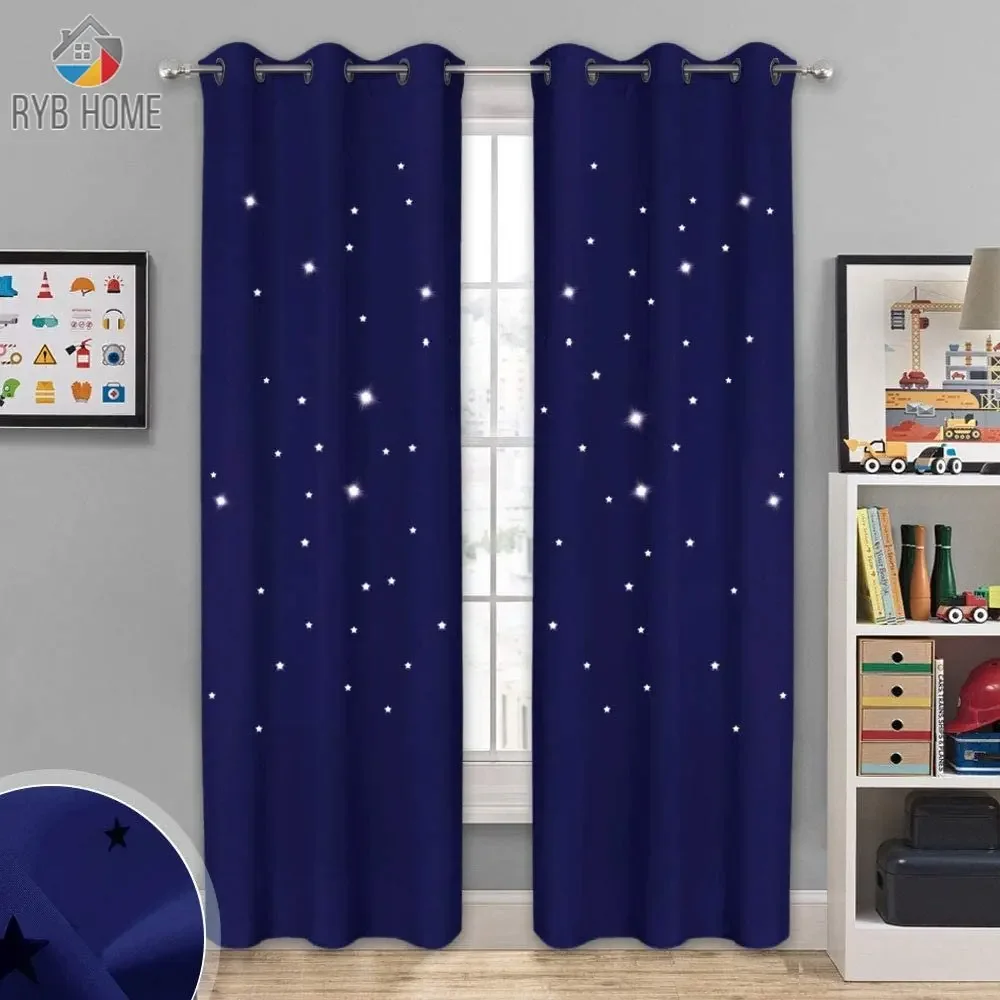 RYBHOME Baby Romantic Starry Sky Blackout Nursery Window Drape for Kid's Room with Die-cut Stars Naptime Essential