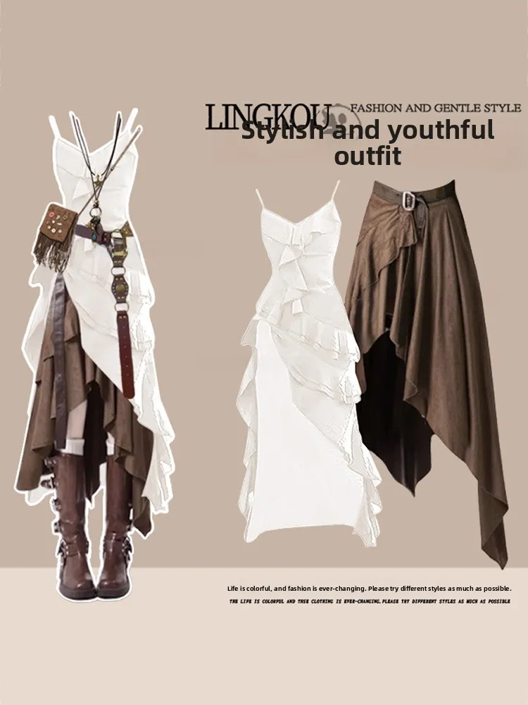 Été Ele taille haute sangle Dr ensemble femmes vêtements de voyage Vintage minceur jupe t-shirt pièce ensemble vêtements de plage