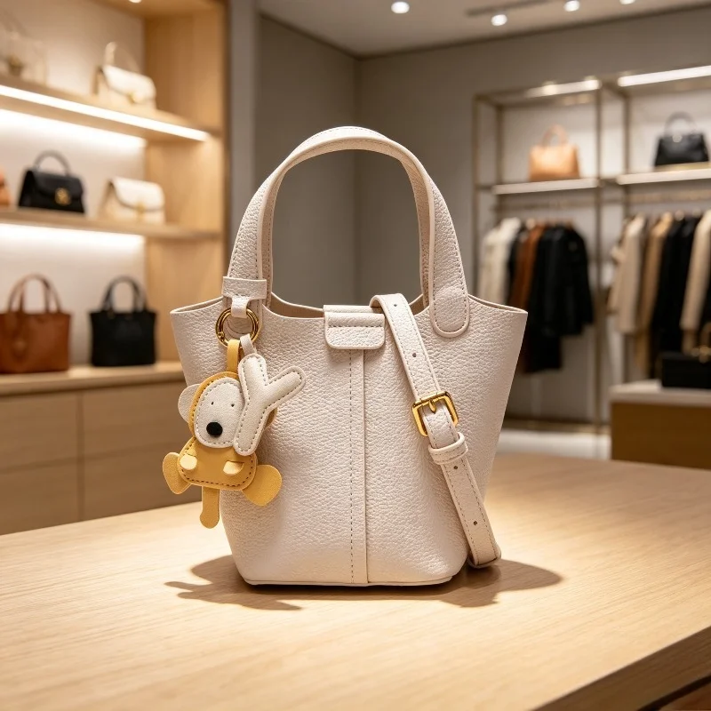 Mini Pebbled Bucket Top Handle Bag For Women Cute Puppy Pendant Adjustable Strap Sweet Casual Daily Crossbody Purse