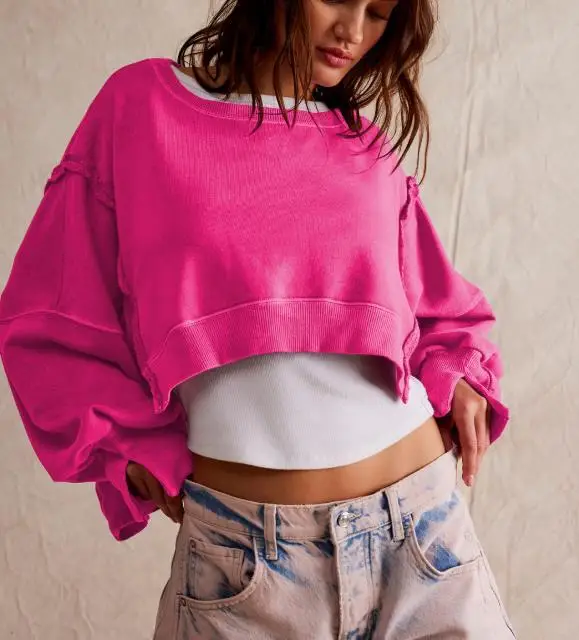 

Women's Sweatshirts 2026 Spring Autumn New Solid Color Fashion Long Sleeved Loose Round Neck Casual Crop Pullover Sweatshirt